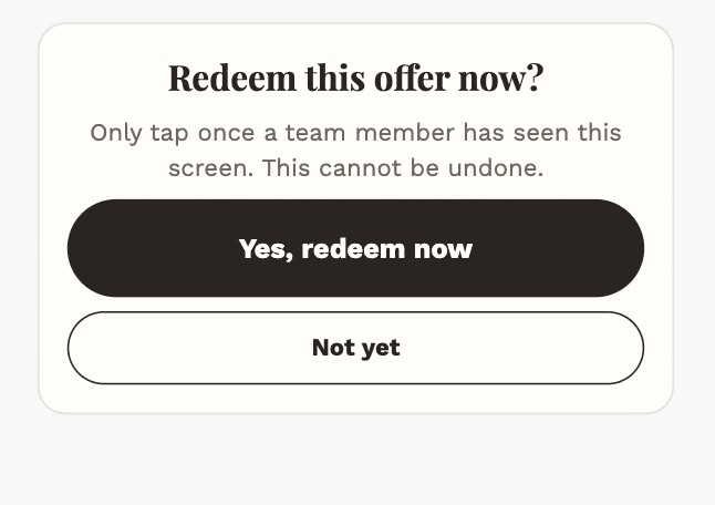Redeem confirmation screen