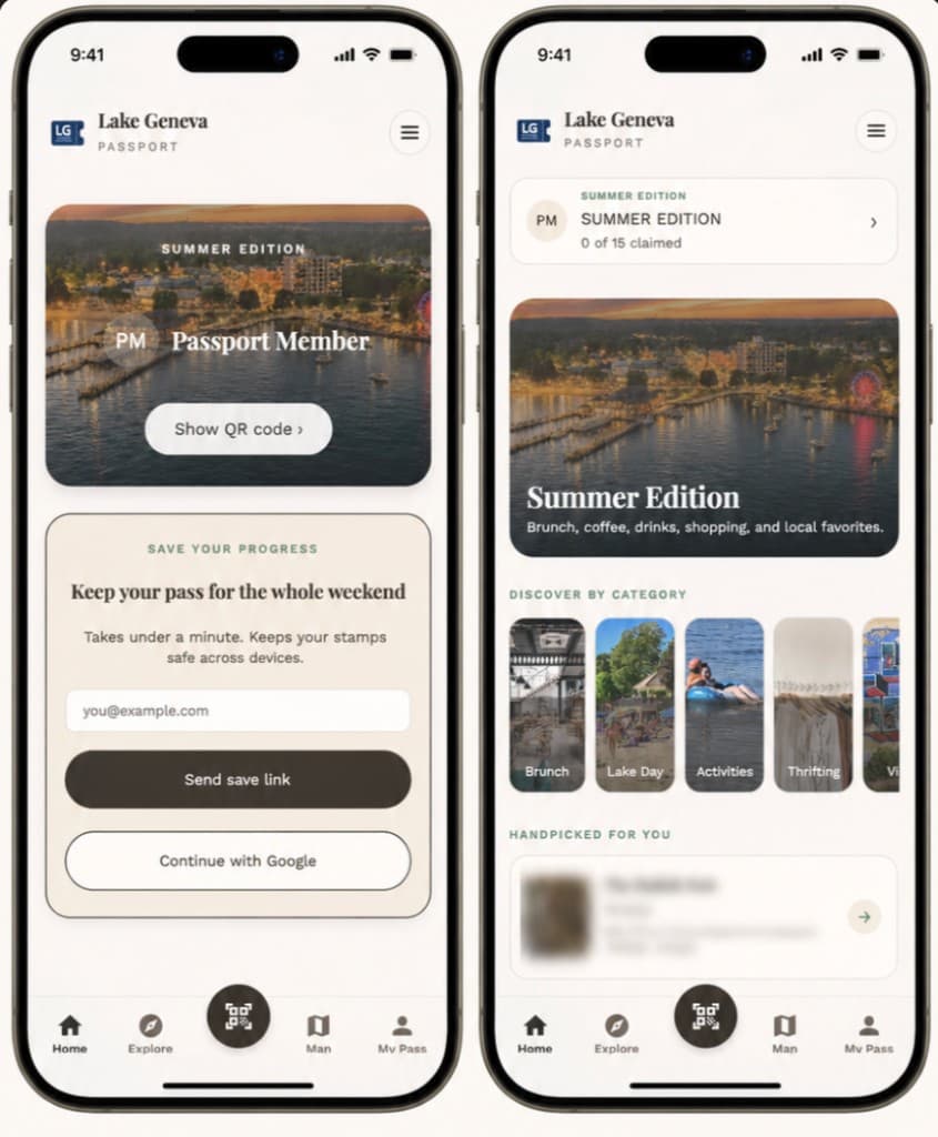 The Lake Geneva Passport app showing the member pass and the browse-by-category view