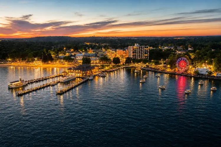 Lake Geneva shoreline glowing at golden hour